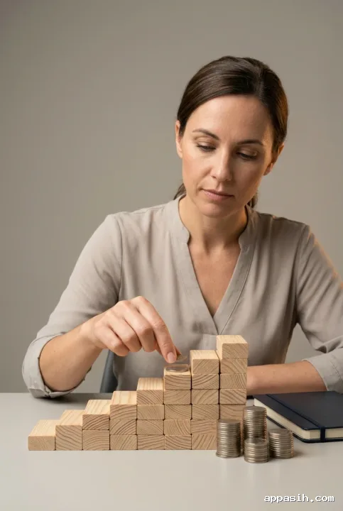 Small business owner placing a coin onto stepped wooden cash-flow blocks during a focused studio photography session about financial planning.