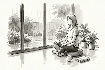 Adult practicing mindful breathwork beside a rainy garden window with herbal tea and indoor plants in an ink wash drawing.