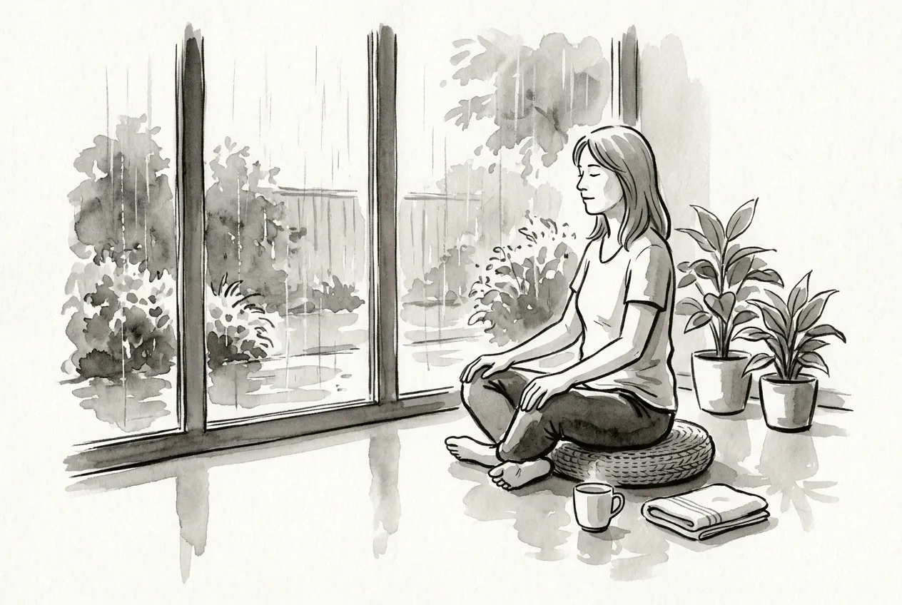 Adult practicing mindful breathwork beside a rainy garden window with herbal tea and indoor plants in an ink wash drawing.
