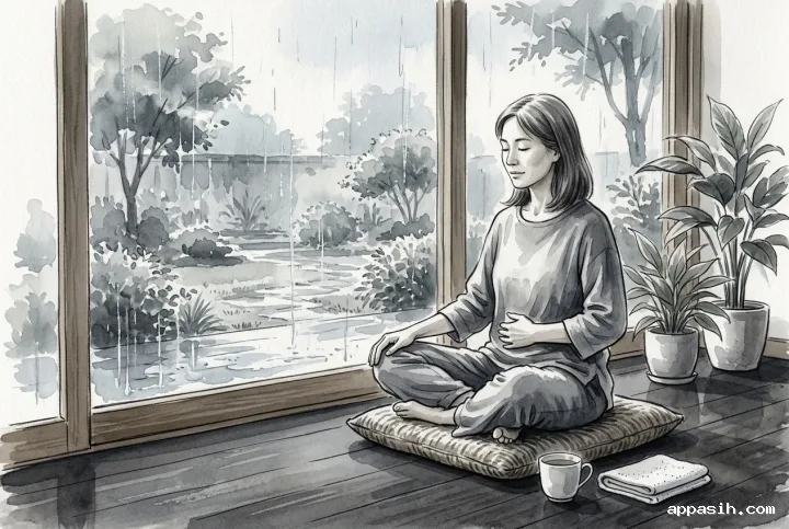 Wide ink wash drawing of an adult practicing morning breathwork beside a rainy garden window with herbal tea, folded towel, and leafy plants.