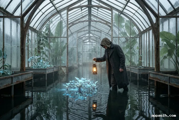 Surreal lantern keeper examining glowing aquatic roots in a flooded glasshouse with giant translucent leaves, mist, rain-streaked panes, and reflective water.