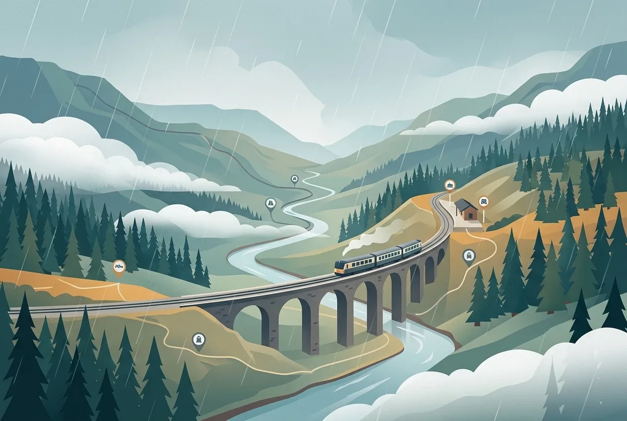 Infographic illustration of a passenger train crossing a stone viaduct through a rainy misty mountain valley with pine forests, a river, and a hillside station.