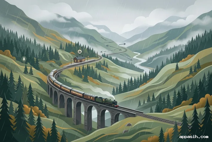 Detailed infographic illustration of the same passenger train crossing a curved stone viaduct through a misty rainy mountain valley toward a hillside station, with pine forests, river, route markers, and layered terrain.