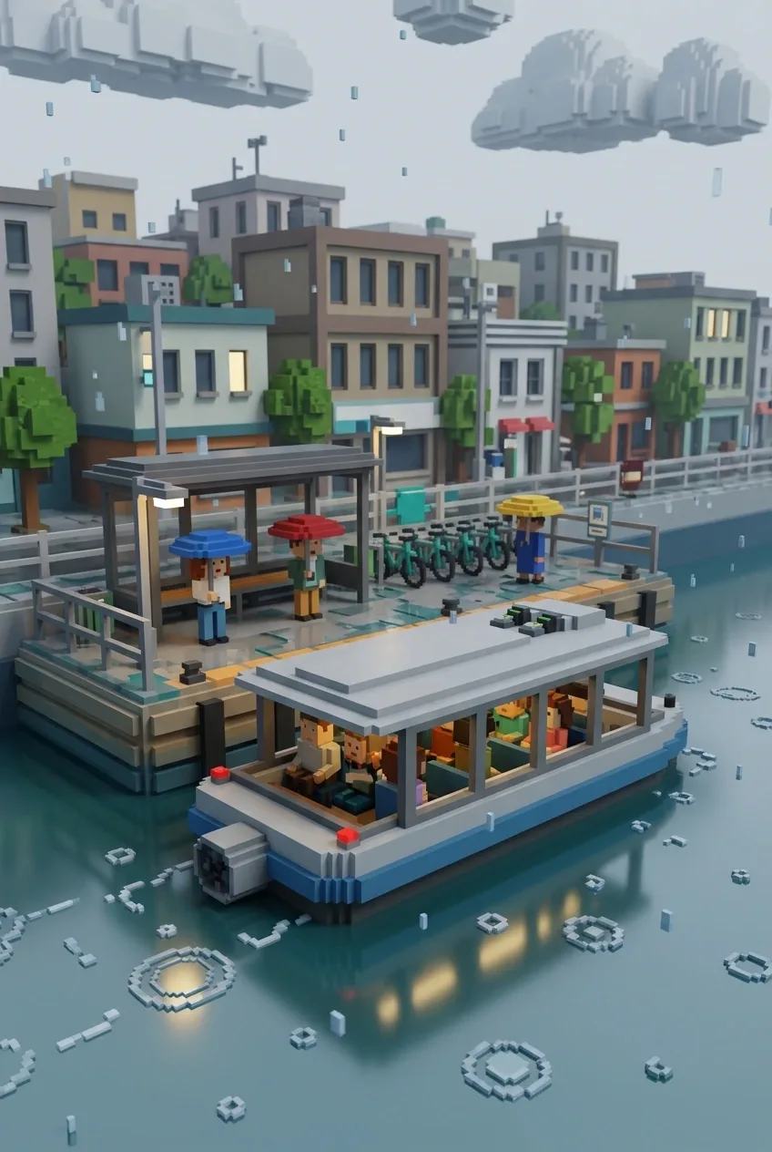 3D voxel art electric river ferry arriving at a rainy urban dock with commuters, umbrellas, bicycle parking, and reflective waterfront surfaces.