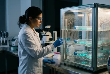 Scientist observing softly glowing cell culture flasks inside a transparent biomedical laboratory incubator.