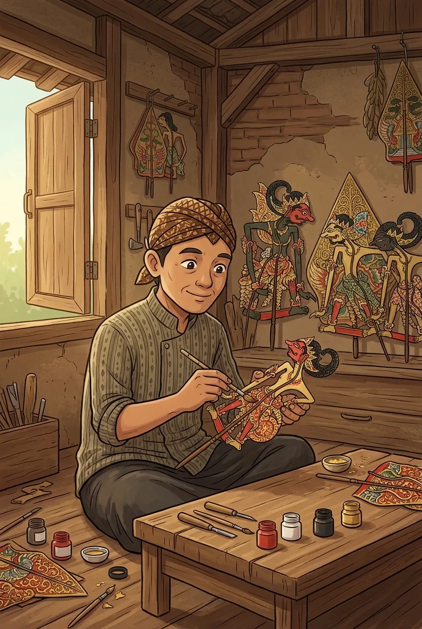 Cartoon Javanese wayang artisan painting a traditional leather shadow puppet at a wooden workbench inside a heritage craft workshop.