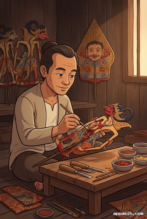 Cartoon close three-quarter view of a Javanese wayang artisan painting detailed red and gold patterns on a traditional leather shadow puppet in a wooden heritage workshop.