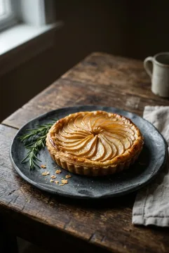 Artisan pear tart with caramelized pear slices and rosemary on a dark ceramic plate in soft window light.