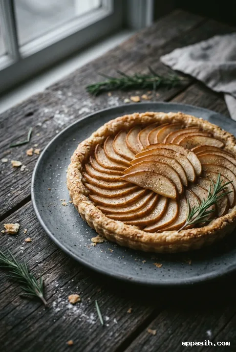 Close three-quarter view of an artisan pear tart with caramelized pear slices, rosemary, pastry crumbs, and soft window light on a dark ceramic plate.