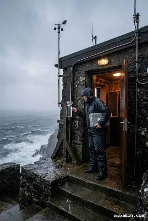 Weather station keeper checking a rain gauge outside the same cliffside observatory during heavy rain and ocean fog.