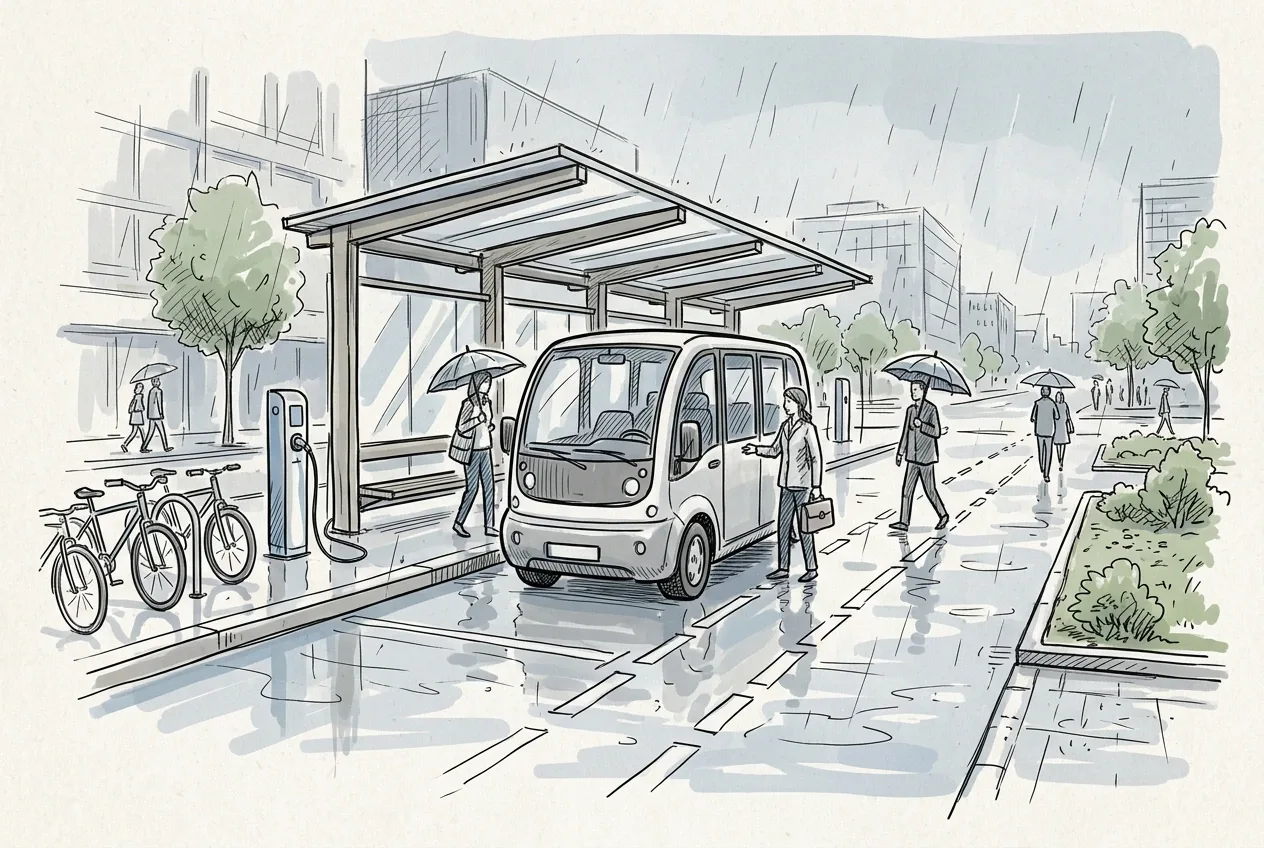 Hand-drawn doodle illustration of an electric shuttle at a rainy urban mobility hub with bicycles, charging posts, pedestrians, umbrellas, and reflective pavement.