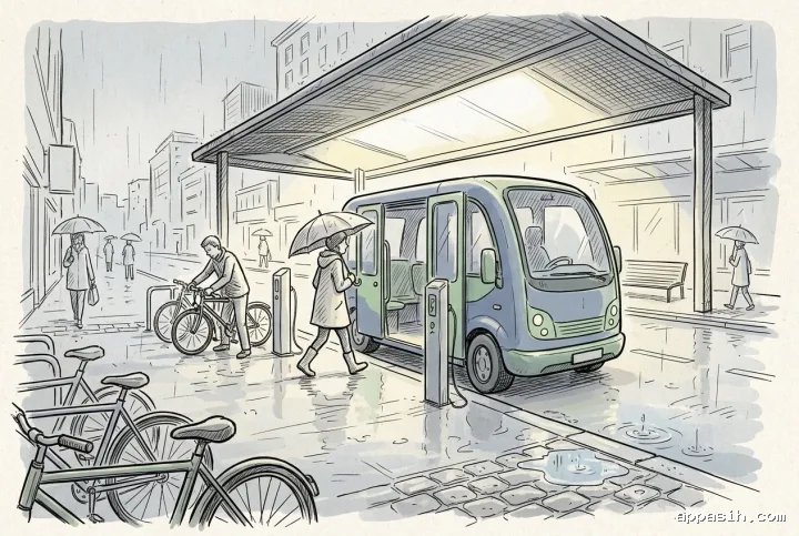 Detailed hand-drawn doodle scene of the same electric shuttle at a rainy urban mobility hub, with a boarding pedestrian, bicycle parking, charging posts, umbrellas, puddles, and wet pavement reflections.
