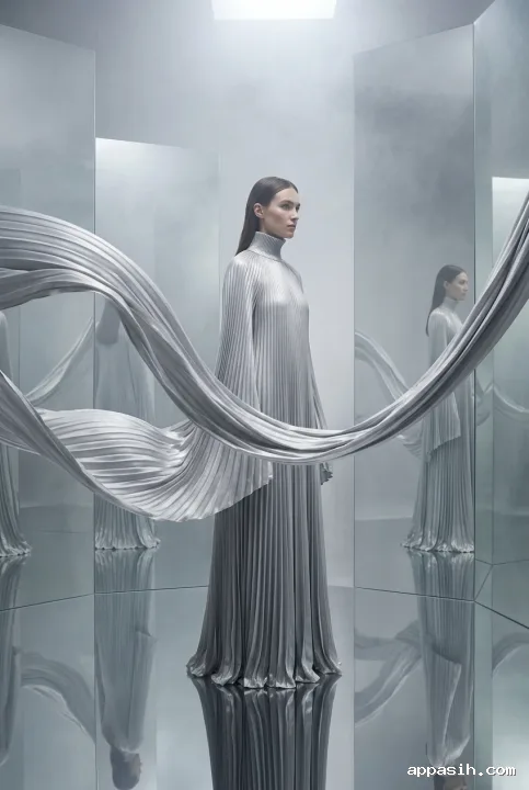 Fashion model in the same sculptural silver pleated gown viewed from a low three-quarter angle inside a misty mirror hall with suspended fabric arcs and dreamlike reflections.