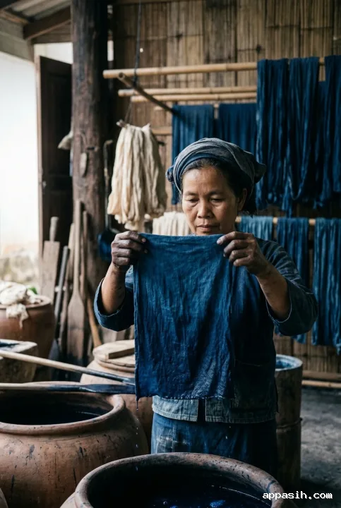 Closer cinematic portrait of an indigo textile artisan inspecting freshly dyed blue cloth above an earthen vat in a traditional heritage workshop.
