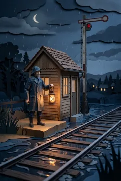 Paper cut night watchman holding a lantern beside a flooded railway signal hut during a rainy night.