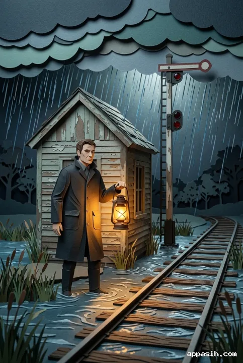 Closer paper cut view of a night watchman with a glowing lantern beside the same flooded railway signal hut in heavy rain.