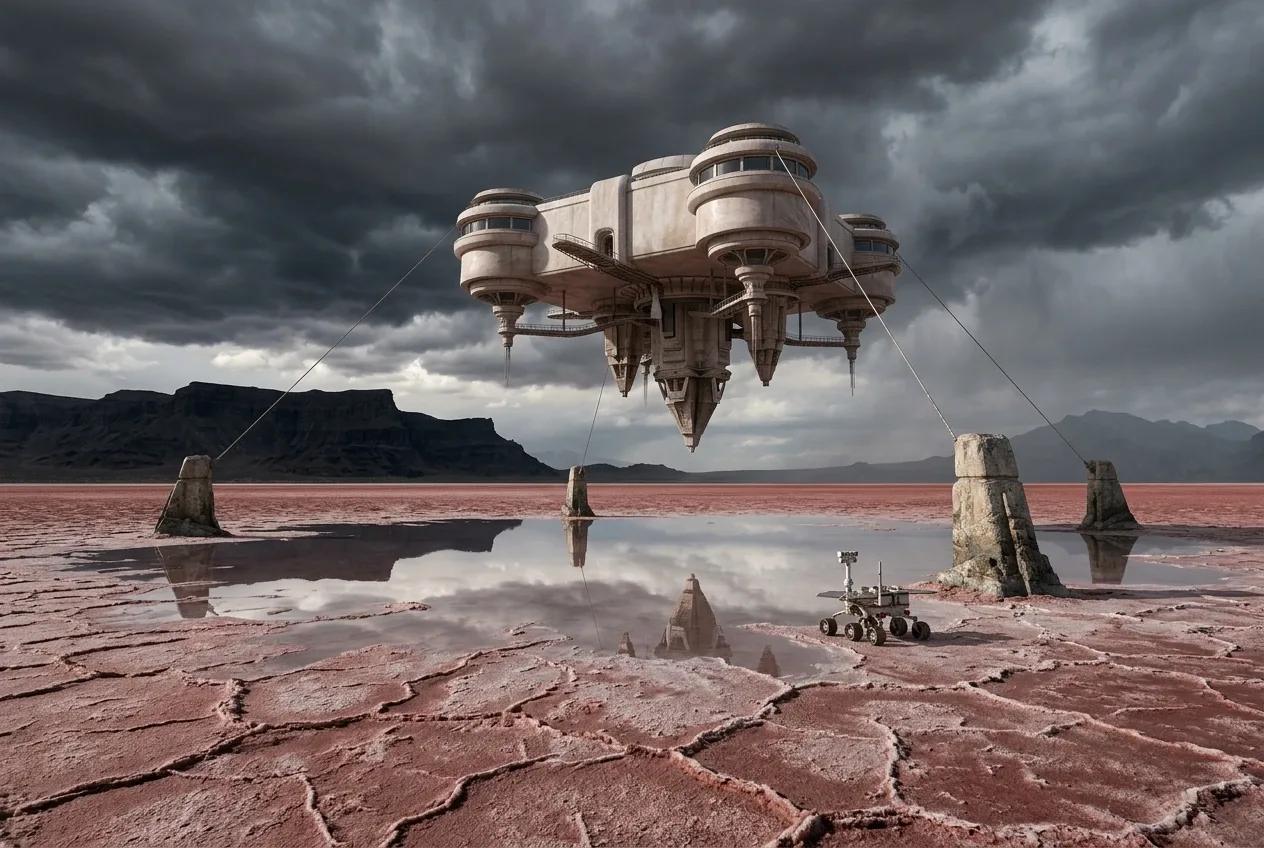 Surreal floating observatory suspended above a crimson salt basin with tether cables, mirrored pools, black mesas, and a storm-filled sky.