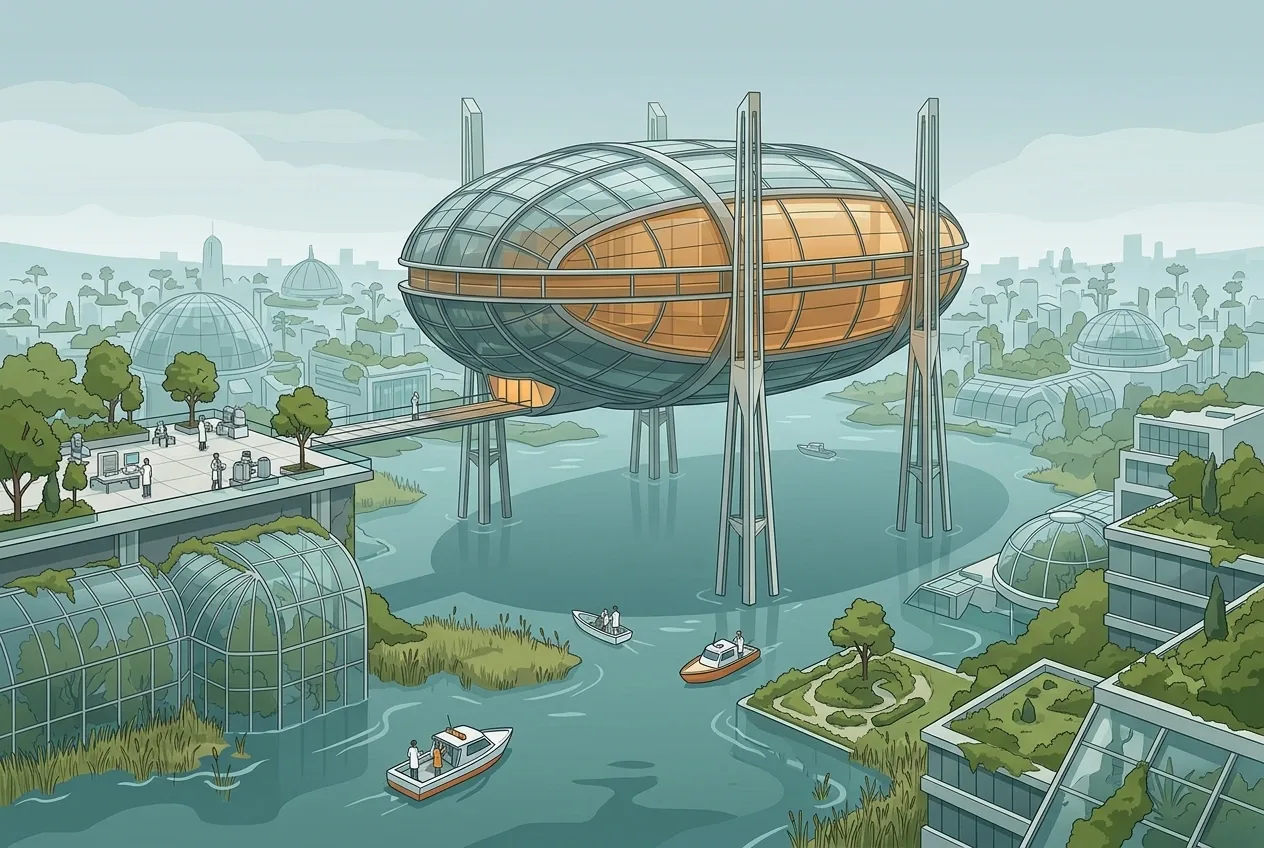 Floating seed vault above a flooded botanical city with research boats, submerged greenhouses, rooftop gardens, and calm teal water in 2D vector illustration.