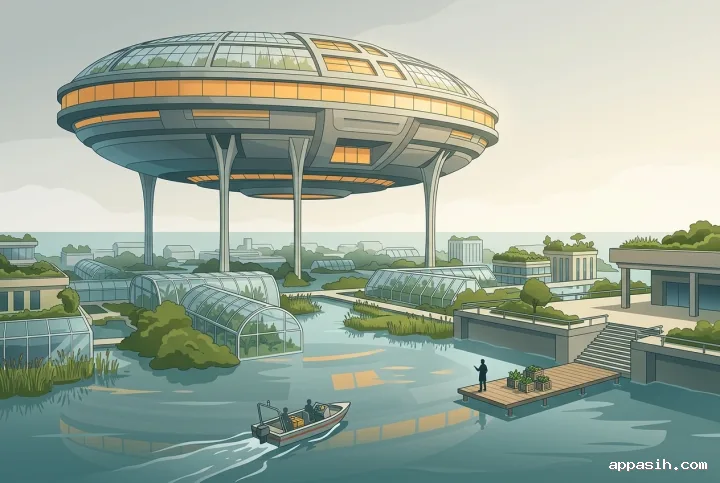Closer three-quarter view of a floating seed vault above the same flooded botanical city, with a research boat approaching the dock, submerged greenhouses, rooftop gardens, and warm reflections in vector illustration.