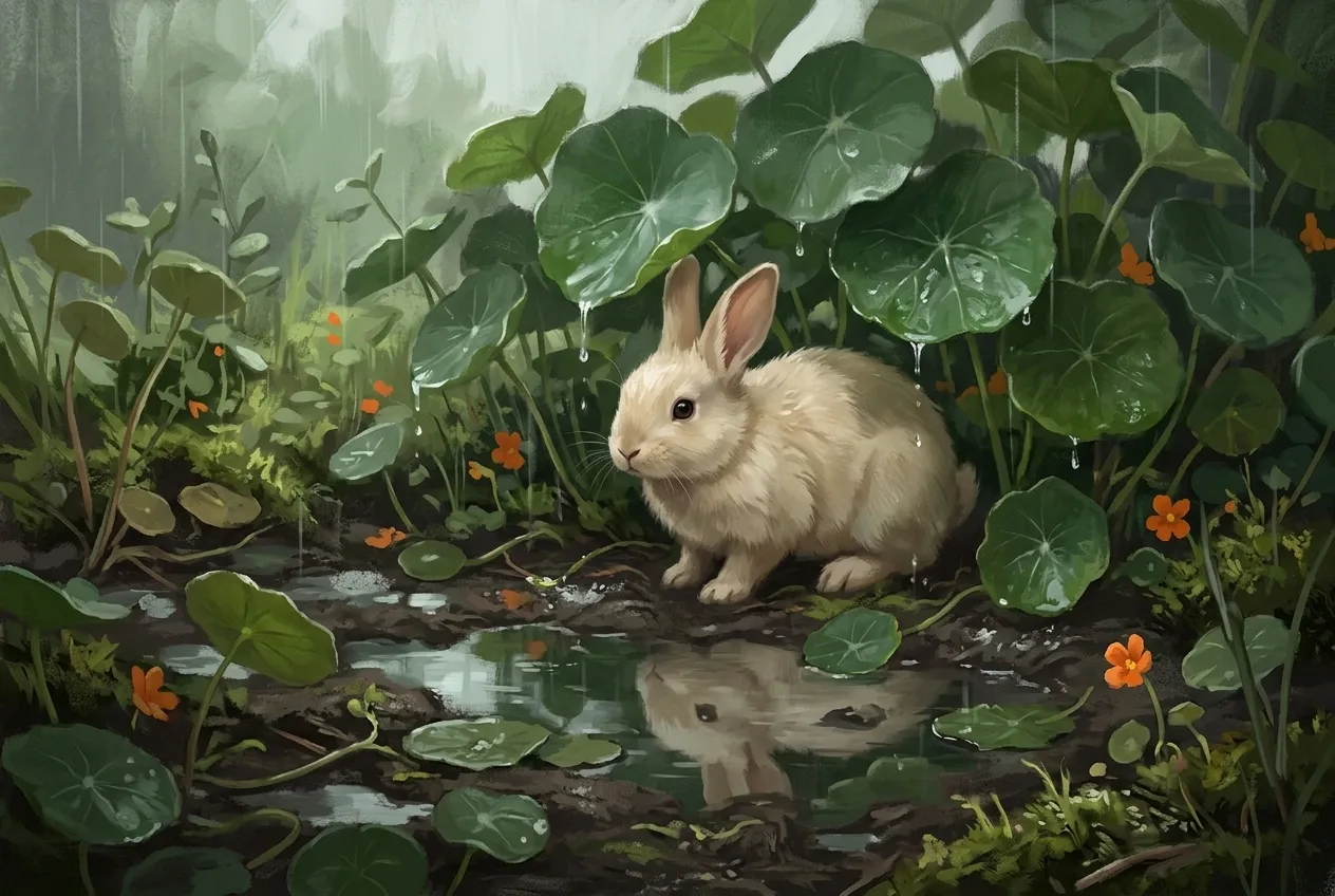 Cream-colored rabbit sheltering beneath giant nasturtium leaves in a rainy garden with reflective puddles, painted in a detailed digital painting style.