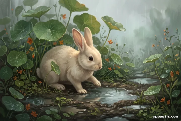 Cream-colored rabbit viewed from a closer low three-quarter angle beneath giant nasturtium leaves in the same rainy garden, with a paw near a reflective puddle and softly illuminated wet foliage in a detailed digital painting.