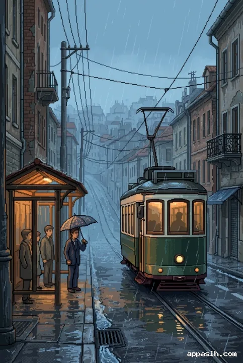 Detailed retro pixel art electric tram ascending the same rainy hillside street with commuters, overhead cables, warm shelter lights, and reflective pavement.