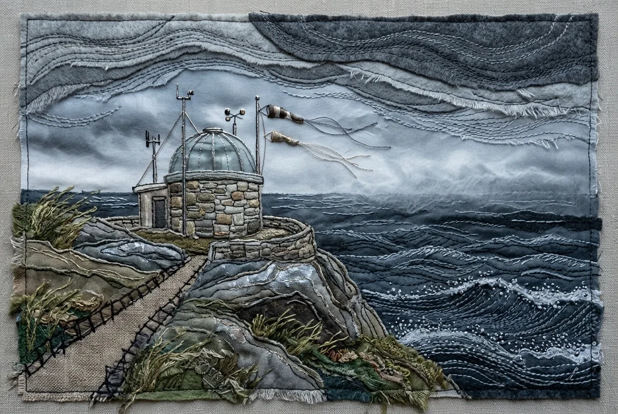 Embroidered cliffside weather observatory above a stormy ocean, constructed from layered fabric, wool, felt, metallic thread, stitched clouds, textile rocks, and wind-bent grasses.