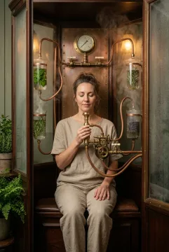 Wellness practitioner using a steampunk herbal breathing chamber with brass respiration machinery, copper tubing, botanical vapor, and warm amber lighting.