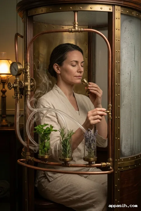 Closer steampunk concept art view of a wellness practitioner adjusting a brass breathing device inside an herbal vapor chamber with copper tubing and botanical glass vessels.
