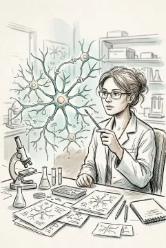 Hand-drawn doodle of a neuroscientist studying a glowing neuron network model at a medical laboratory workstation with a microscope and research equipment.