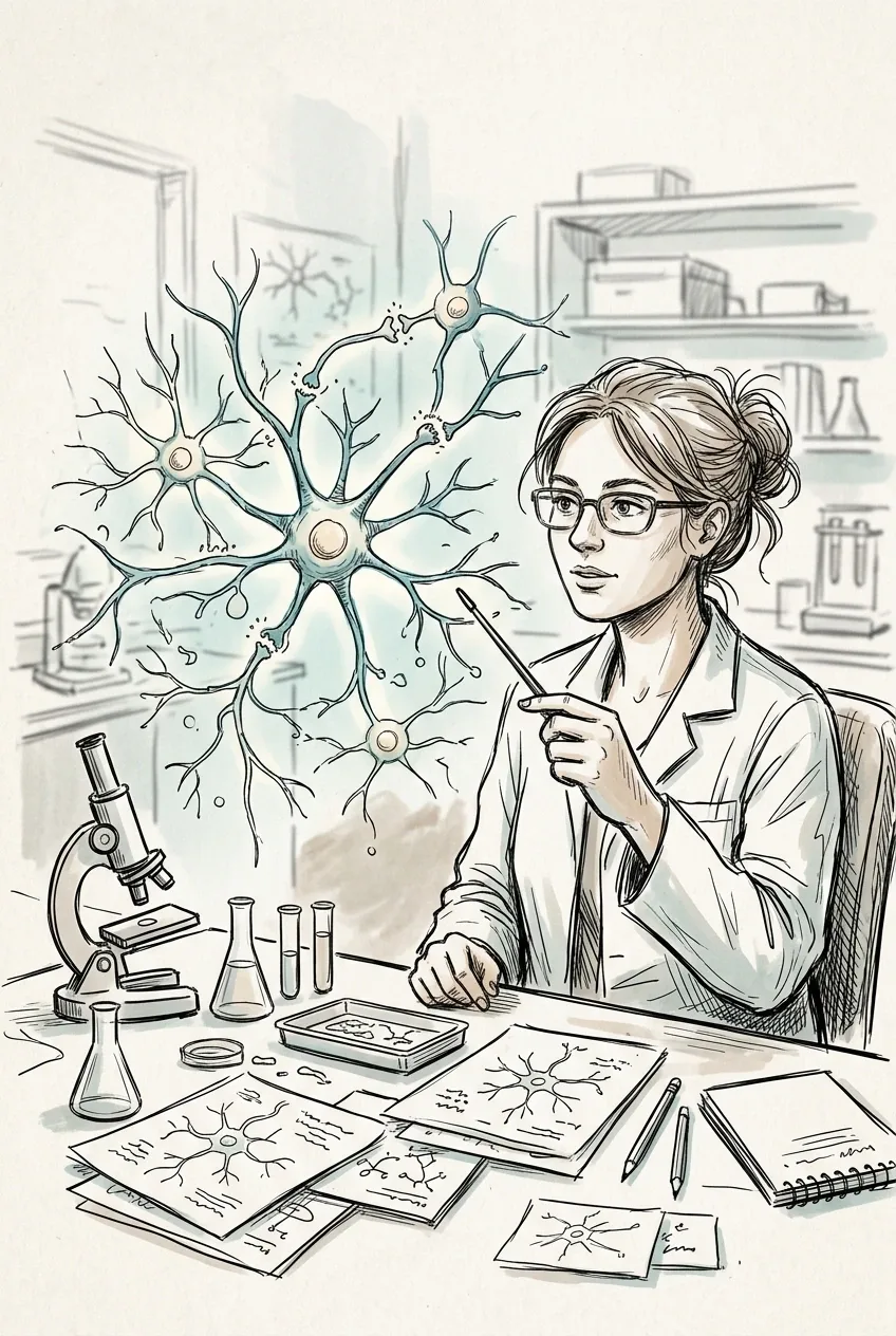 Hand-drawn doodle of a neuroscientist studying a glowing neuron network model at a medical laboratory workstation with a microscope and research equipment.