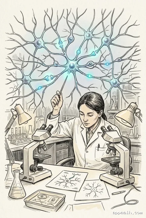 Detailed hand-drawn doodle of a neuroscientist pointing at a glowing neuron network model in a medical research laboratory with a microscope, glassware, and neural sketches.