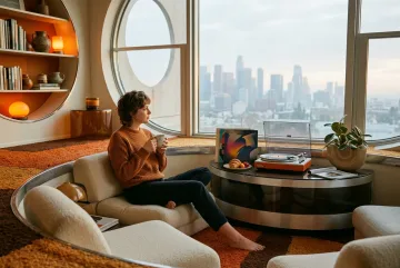 Young adult drinking coffee beside a vinyl player in a retro-futurist sunken living room with curved cream furniture, chrome accents, and warm morning light.