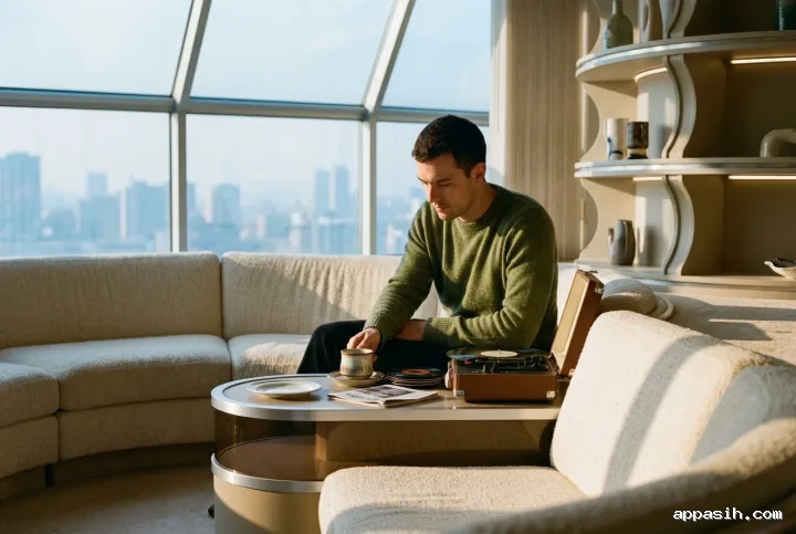 Young adult placing a coffee cup beside a vinyl player in the same retro-futurist sunken living room, framed closer with curved cream seating, chrome details, geometric windows, and warm amber morning light.