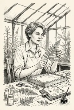 Ink drawing portrait of a botanical archivist holding a fern specimen at a wooden table inside a glass-roofed botanical study.