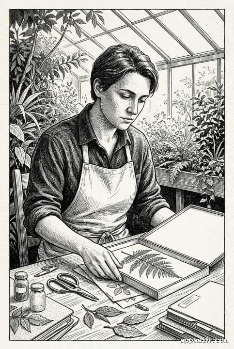 Detailed ink drawing portrait of a botanical archivist examining a fern specimen at a wooden table beneath soft daylight in a glass-roofed botanical study.