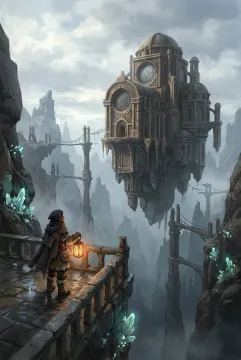 Lantern keeper standing beneath a floating stone observatory above a mist-filled canyon with ancient pylons, suspended bridges, and glowing minerals.