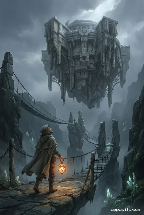 Closer low-angle Concept Art view of a lantern keeper beneath the same floating stone observatory, surrounded by mist, ancient pylons, suspended bridges, and luminous canyon minerals.