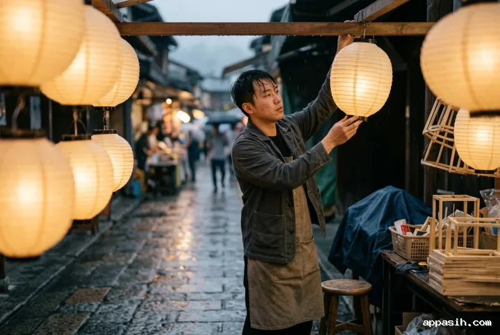 Young night market lantern keeper lifting a cream paper lantern beneath a rainy market canopy with warm reflections on wet pavement.