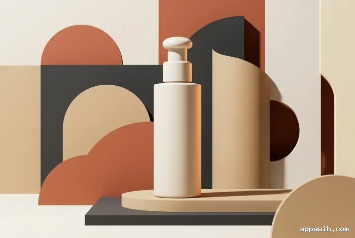 Closer three-quarter view of an unbranded skincare pump bottle on the same layered abstract geometric podium with matte terracotta, cream, charcoal, and sand graphic forms.