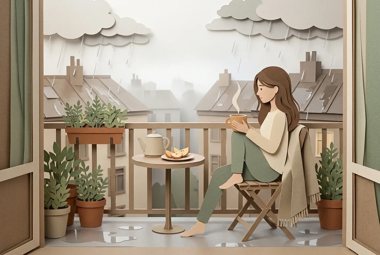 Woman enjoying tea on a rainy apartment balcony with potted herbs and misty rooftops in layered paper-cut papercraft.