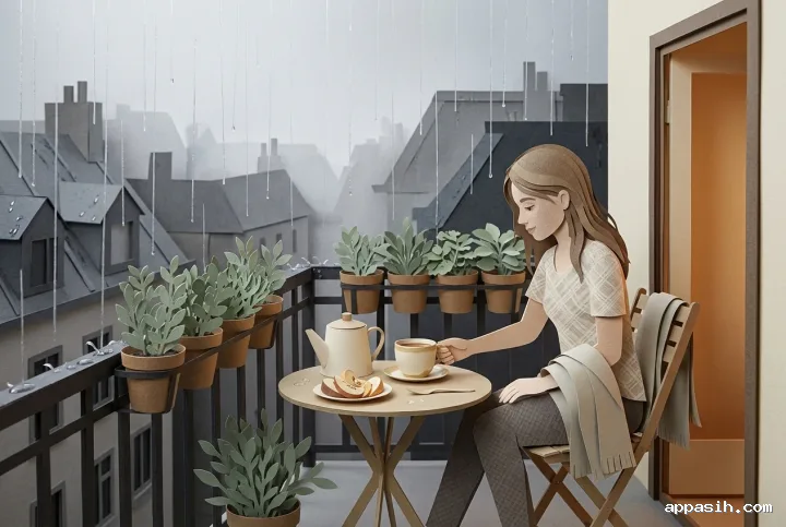 Closer papercraft view of a woman setting down her tea on the same rainy balcony beside herbs, a blanket, ceramic tableware, and misty city rooftops.