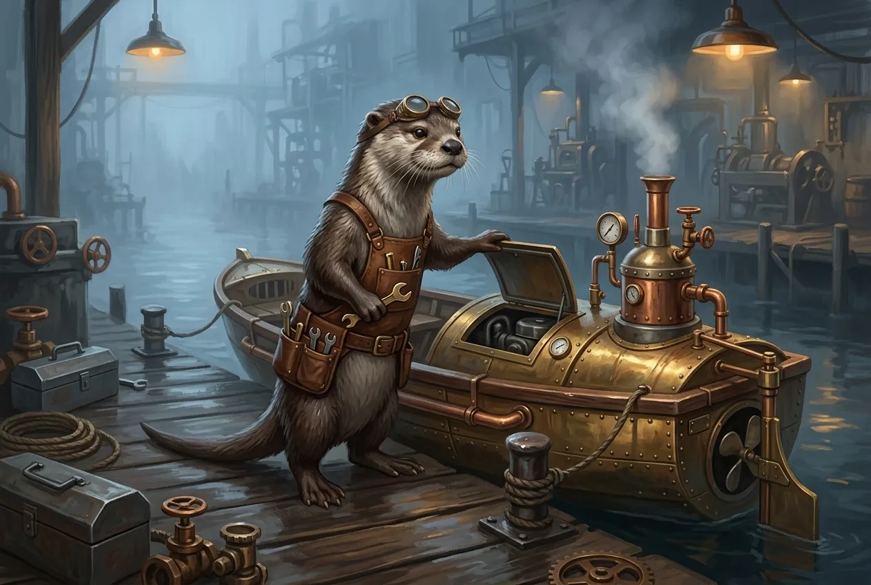 Steampunk river otter mechanic inspecting a brass steam-powered skiff on a misty industrial canal dock.