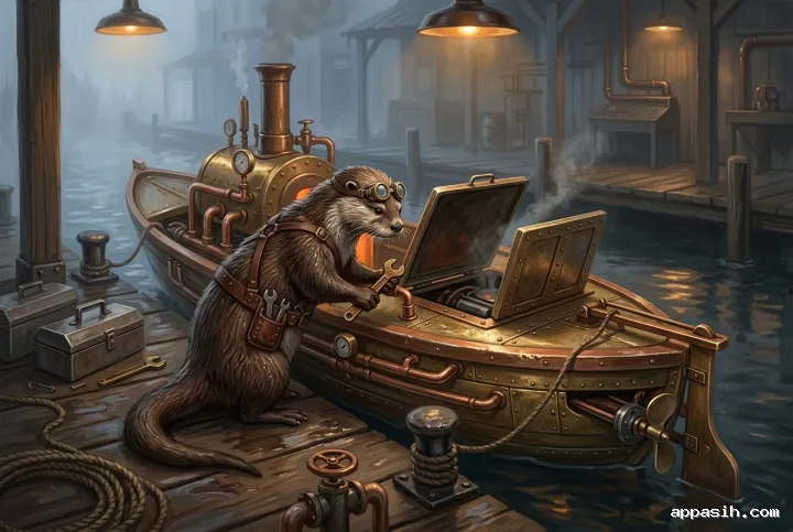 Steampunk river otter mechanic tightening a copper fitting on a brass steam skiff beside a foggy industrial canal workshop.