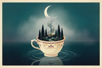 Retro illustration of a giant porcelain teacup garden with miniature cypress trees and a floating staircase beneath a crescent moon.