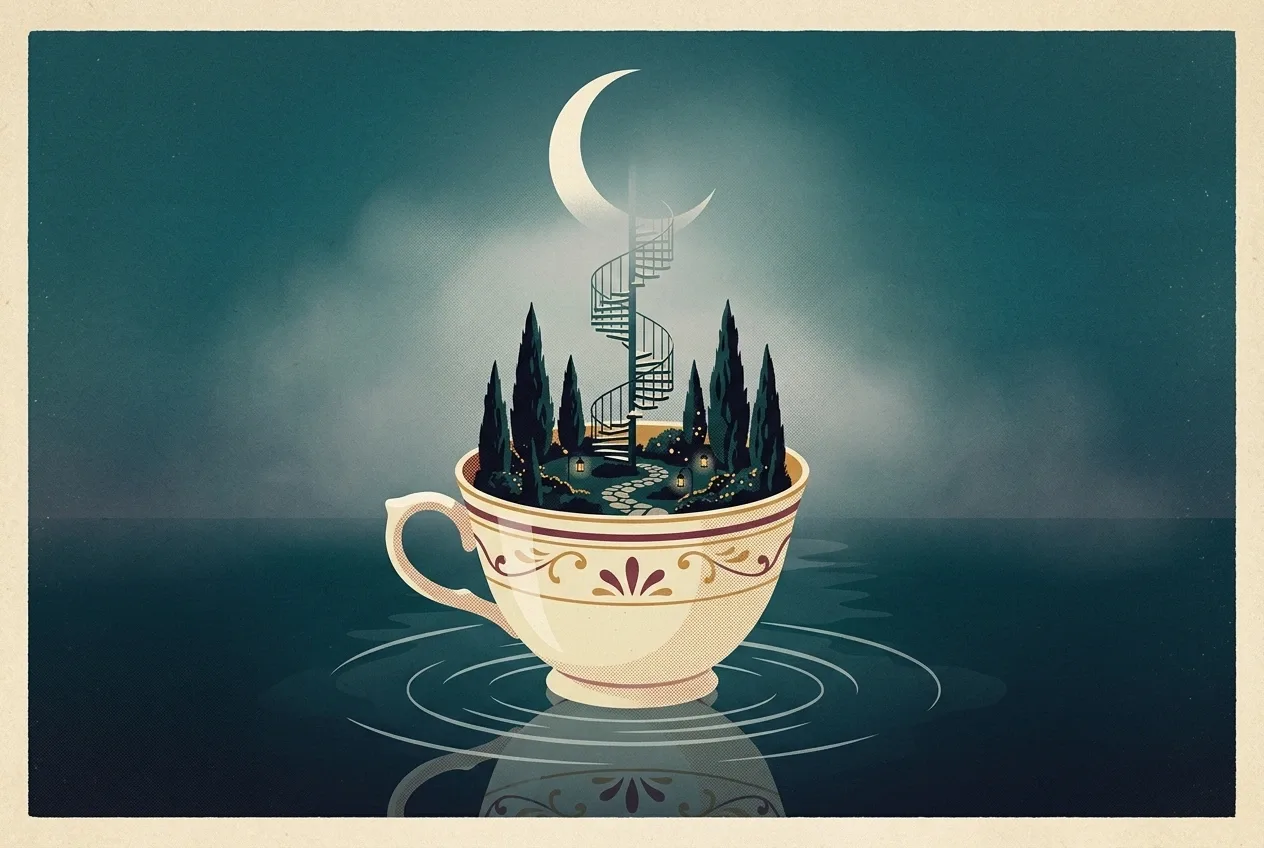 Retro illustration of a giant porcelain teacup garden with miniature cypress trees and a floating staircase beneath a crescent moon.