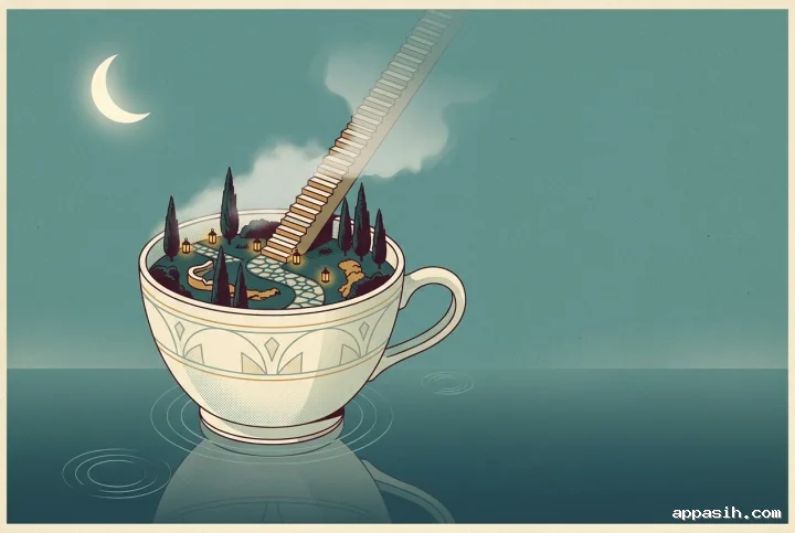 Closer retro illustration of the same giant porcelain teacup garden, floating staircase, cypress trees, crescent moon, mist, and reflective pool.