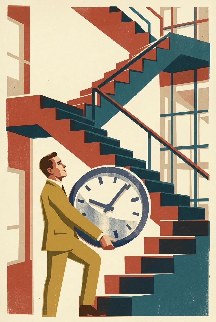 Office worker balancing an oversized clock beside a steep staircase in a retro vintage poster editorial concept about time pressure and career ambition.