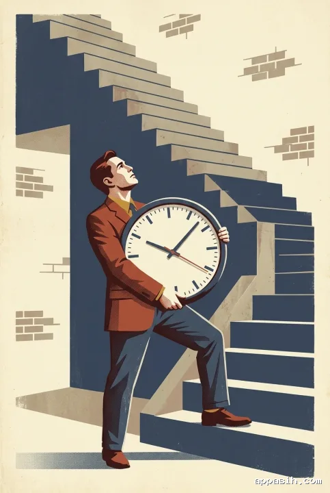 Office worker bracing under an oversized clock beneath a towering staircase in a retro vintage poster editorial concept about ambition and time pressure.