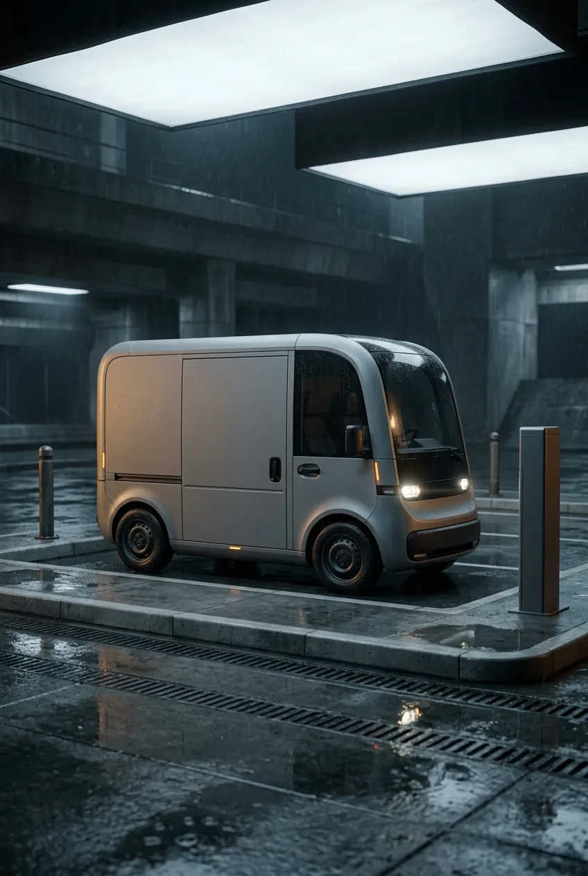 Compact electric delivery pod on a wet modular transit platform in realistic studio photography.